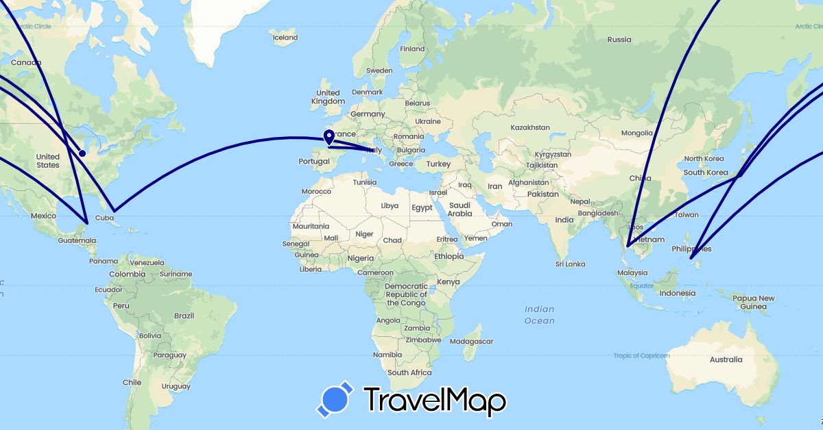 TravelMap itinerary: driving in Bahamas, Spain, Italy, Japan, Mexico, Philippines, Thailand, United States (Asia, Europe, North America)